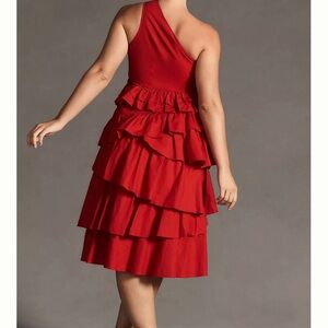 Anthropologie Red One-Shoulder Tiered Ruffle Midi Dress  Cocktail party